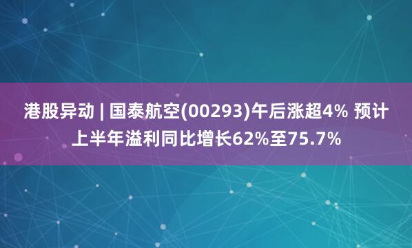 港股异动 | 国泰航空(00293)午后涨超4% 预计上半年溢利同比增长62%至75.7%