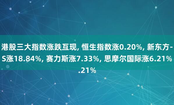 港股三大指数涨跌互现, 恒生指数涨0.20%, 新东方-S涨18.84%, 赛力斯涨7.33%, 思摩尔国际涨6.21%